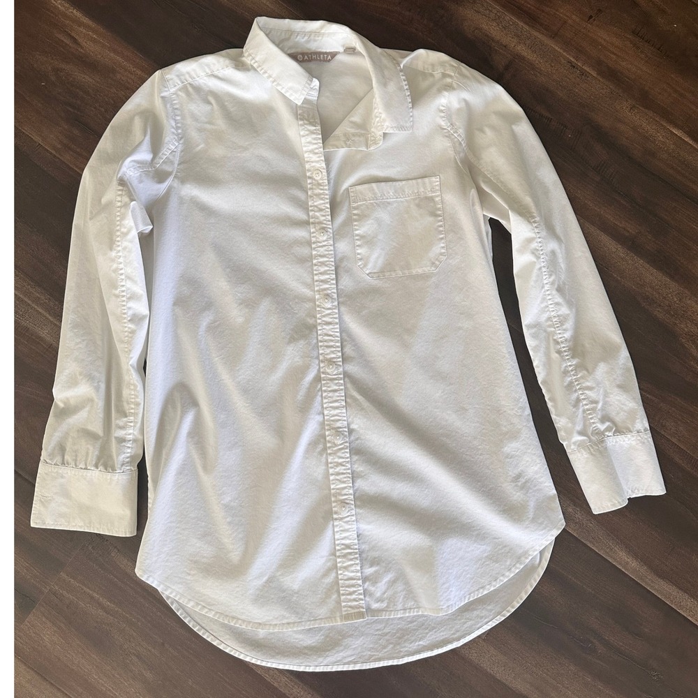 Athleta White Cotton Blend Button Down Long Sleeve Shirt Curved Hem Small
